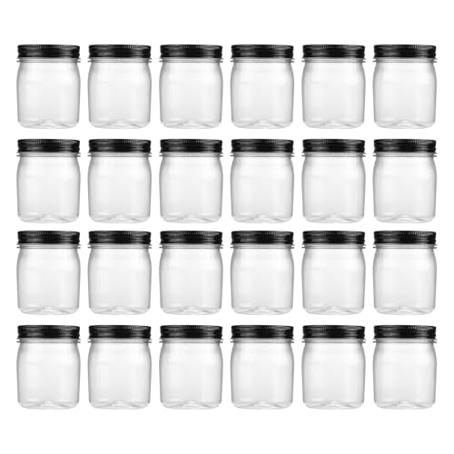 novelinks 8 oz Clear Plastic Jars with Airtight Lids, 24 Pack Plastic Mason Jars with Lids 8oz, Refillable Storage Slime Containers & Small Spice Jar for Kitchen Organization (24 Pack,Black)