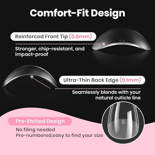 Beetles Gel Nail Kit Etch-X, Almond Medium, 288pcs 12 Sizes Nail Tips, 3Pcs 15ml HEMA-Free Nail Glue Top Coat & Base Gel Set, with Mini Lamp, Press On Nail, Long Lasting Extension DIY Set at Home