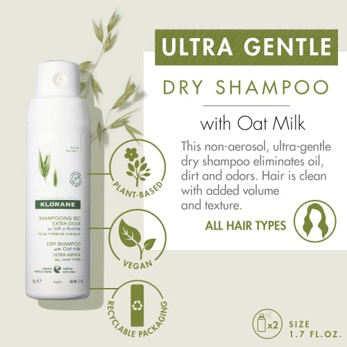 Klorane Dry Shampoo with Oat Milk - Eco-Friendly Non-Aerosol Formula - Vegan & Dermatologist Tested - Ultra-Gentle Powder Formula with Plant-Based Ingredients - Fully Recyclable Bottle - 1.7 oz.