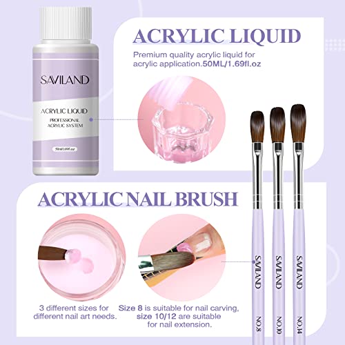 Saviland Acrylic Nail Kit for Beginners: 3 Colors Acrylic Powder, 50ml Acrylic Liquid, #8/10/14 Brushes, 100Pcs Nail Forms & Manicure Tools Professional Nail Kit Acrylic Set