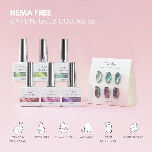 vettsy Magnetic Gel Nail Polish Set with Magnet, 6 Colors Cat Eyes Gel Polish Kit with Cat Eyes Effect for DIY Nail Art Manicure at Home (Galaxy Shine)