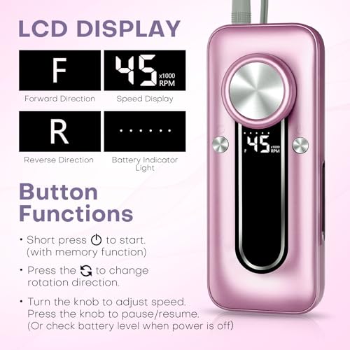 Nail Drill Electric Nail File Kit 45000 RPM Professional Efile Nail Set,Cordless Portable Rechargeable Acrylic Gel Nail Polish Remover Machine Pedicure Manicure Tool with 11 Bits for Salon Home