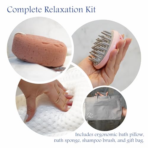 Bath Pillows for Tub, Bathtub Pillow Gift Set: 4D Air Mesh Cushion for Head & Neck, Spa Relaxing Accessories, Plus Bag, Bath Sponge & Scalp Massage Brush, Gift for Woman, by CLUB CONNEXION