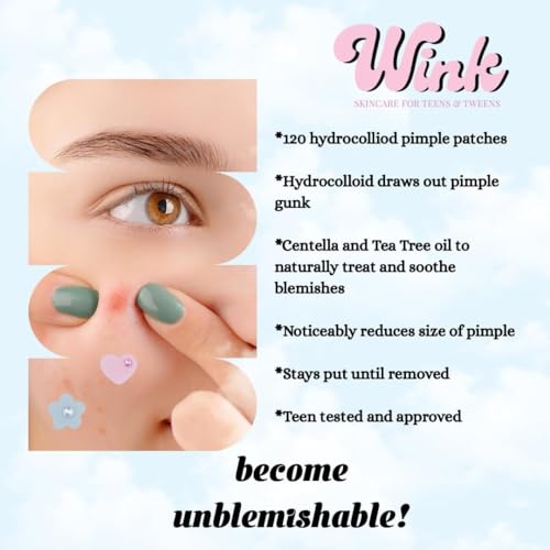 Wink Hydrocolloid Pimple Patches, 120-Count (Exclusive Gem/Bling Acne Stickers) Gentle Tea Tree & Centella For Face Skincare - Star, Heart, Flower And Cloud Shapes, Teen Tween Girl Facial Treatment