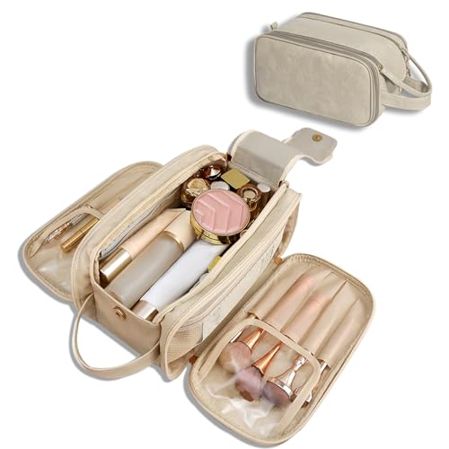 Travel Toiletry Bag for Women Men, Large Travel Toiletry Organizer Makeup Bag, Hanging Cosmetic Bag dopp kit Leather skin care Waterproof Shaving Bag for Toiletries Accessories (beige)