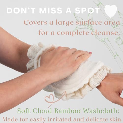 Bamboo Washcloth & Ramie Loofah ? Dual?Sided Body Scrubber for Bath & Shower ? Patent Pending - Gentle Exfoliation, Sensitive Skin Spa Tool ? Large Loofah with Bar Soap Pouch, Cotton Wash Bag, 2 Pack