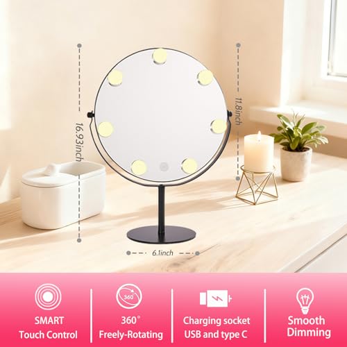 Hollywood Vanity Mirror with Lights, 11.8"x17" Lighted Makeup Mirror for Desk with 7 Led Bulbs, 3 Lighting Modes, Dimmable Light,360¡Æ Rotation for College Dorm, Bedroom & Dressing Room (BLACK)