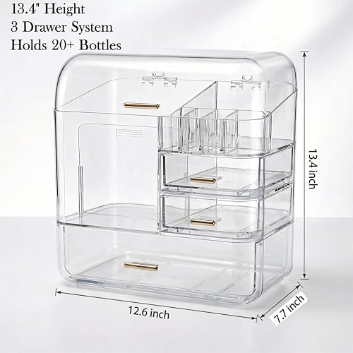 Luxury Makeup Organizer with 3 Drawers & Dustproof Flip Lid, Large Capacity Cosmetic Display Case for Vanity, Clear Countertop Skincare Storage with 6 Lipstick Slots