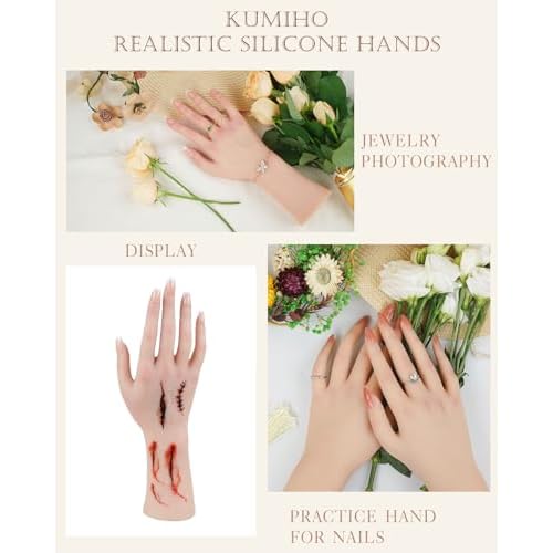 KUMIHO Realistic Silicone Female Hand Model Fake Hand for Jewelry Display Tattoo Training Practice Art Sketch with Nails, Left Hand - with Skeleton, Brown