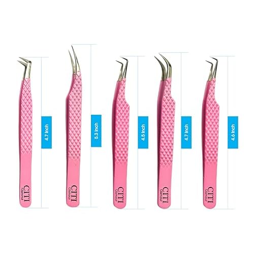 Lash Tweezers For Eye Lash Extension set of 5 Precise Fiber Tip with Diamond Grip Complete set for Volume Lashes Pink