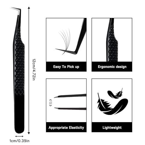 VAVALASH Lash Tweezers for Eyelash Extensions, Fiber Tip Diamond Grip 90 Degree Tweezers for Lash Extension,Professional Precision Black Lash Tweezers for Volume & Classic Lashes (90 Degree Tweezers)
