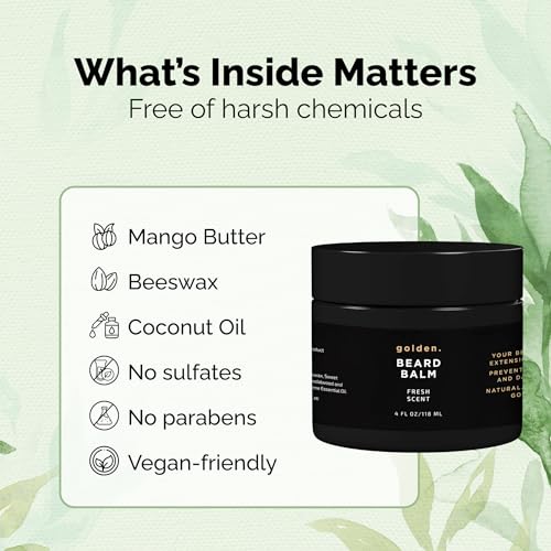 Golden Grooming Beard Balm | Unique Masculine Scent | Shea Butter for Beard Growth | Tames, Moisturizes & Styles ? Fresh Scent, 4oz