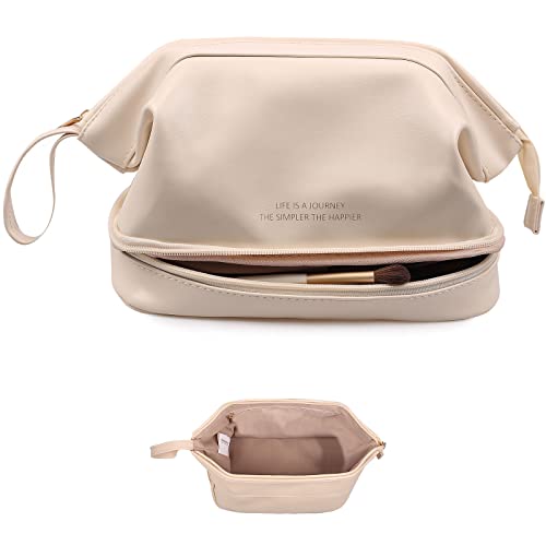 Abiudeng Large Capacity Makeup Bag Ladies Cosmetic Bag Travel Bag with Compartments Portable PU Leather Travel Makeup Bag with Handle