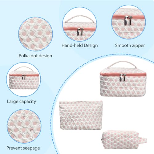 3-Pack Large Capacity Cosmetic Bag Set, Water-Resistant Makeup Organizer with Leak-Proof Design, Travel Toiletry Bag with Polka Dot Pattern for Women, Home & Travel