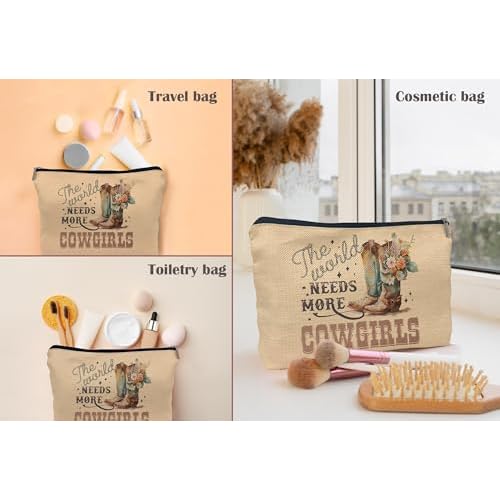 The World Needs More Cowgirls Funny Makeup Bag, Retro Western Country Floral Boots Cosmetic Bag, Gift for Teen Girls