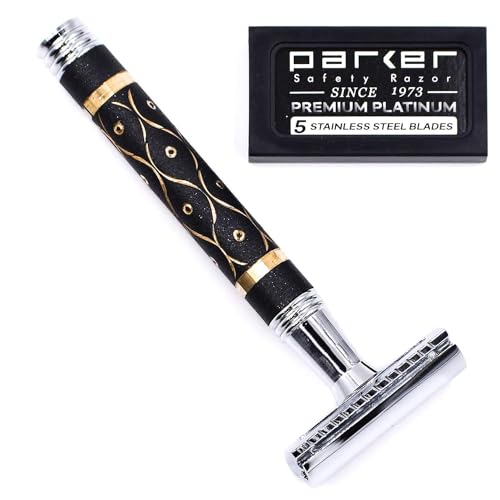 Parker 65R Super Heavyweight Double?Edge Safety Razor ? Sandstone?Textured Brass Handle for Precise Grip & Control, 4" Long Handle ? Includes 5 Premium DE Blades