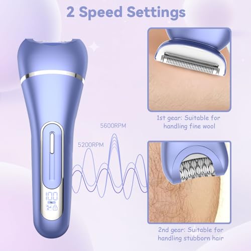 Epilator for Women, 7 in 1 Replaceable Hair Removal & Massager & Cleaner Devices, Bikini Trimmer, Face Massage, Face Exfoliating Brush, Foot Callus Remover, IPX7 Waterproof Razors (Purple)