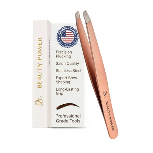 Slant Tip Precision Tweezers - Stainless Steel Eyebrow Tweezers for Women & Men - Precision Tweezers for Facial Hair, Ingrown Hair & Brow Shaping - Professional Beauty Tool - Rose Gold