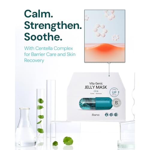 Vita Genic Jelly Face CICA Mask 10EA ? Soothing & Hydrating Sheet Mask for Sensitive Skin, Korean Glass Skin Care with Centella, Vitamin C, Biotin & Niacinamide, Fragrance-Free, Pack of 2