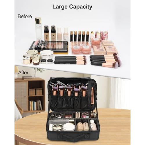 Relavel Travel Makeup Train Case Makeup Cosmetic Case Organizer Portable Artist Storage Bag with Adjustable Dividers for Cosmetics Makeup Brushes Toiletry (medium black)