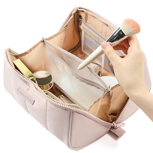 NISHEL Travel Makeup Bag for Women, Fluffy & Lightweight Open Flat Cosmetic Organizer with Multiple Functional Divider for Brush Independent Storage, Handle for Easy Portability, Pink