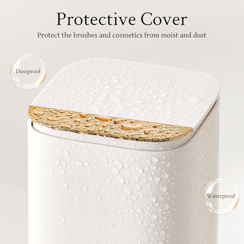 Automatic Lifting Makeup Brush Holder with Lid Dustproof Cosmetic Organizers for Vanity-White