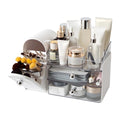 Makeup Organizer with Brush Holder for Vanity, Large Cosmetic Display Cases with 2 Drawers, Skincare Organizer for Bathroom Countertop, White