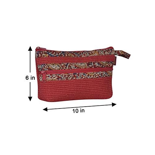 Eco-Friendly Dobby Kalamkari Pouch | Small Red Jute Bag with 2 Zippers | Reusable, Durable, Sustainable Handcrafted Travel & Cosmetic Organizer for Women & Men