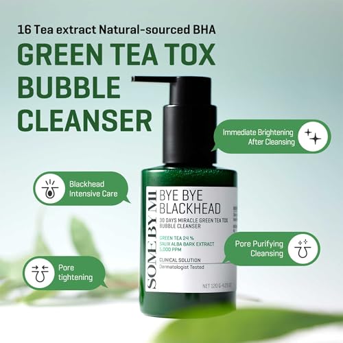 SOME BY MI Bye Bye Blackhead 30 Days Miracle Green Tea Tox Bubble Cleanser ? 4.23oz, 120g ? Korean Face Wash & Bubble Face Mask ? Daily Blackhead-Removing Pore Minimizer for Face ? Korean Skin Care
