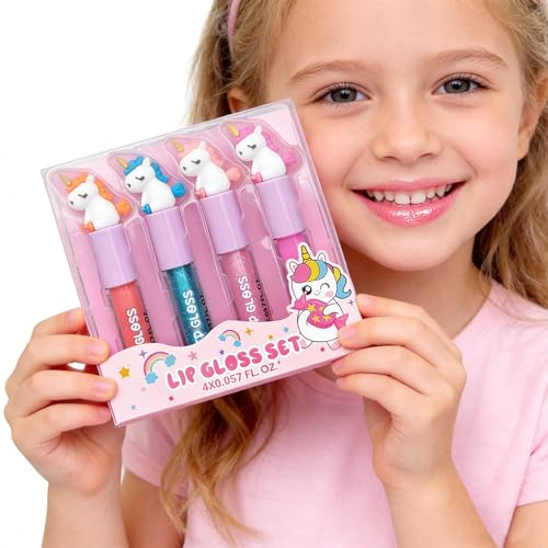 M&U MAKE YOU UP 4pc Unicorn Lip Gloss Stick for Girls- Party Favors Glossy Lip Set with Magic Topper, Girls Birthday Gift, Princess Theme Gift (4 Pack) - Non Toxic