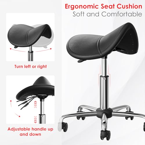 CLORIS Saddle Rolling Stool Hold up to 400 LBS Height Adjustable Swivel Chair Metal Feet with Wheels for Spa, Massage, Salon, Home, Office, Medical, Tatoo, Bar Black