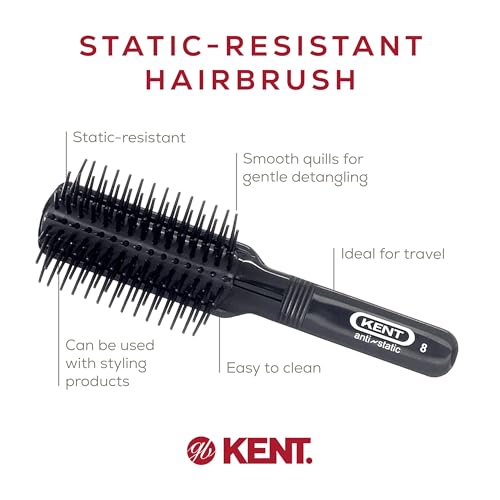 Kent AS8 Anti Static Hair Brush Travel Brush Small Hair Brush for Smoothing, Straightening, and Curling Short or Medium Hair. 7-Row Mini Hairbrush Anti Static for Hair Frizz Free Brush Made in England