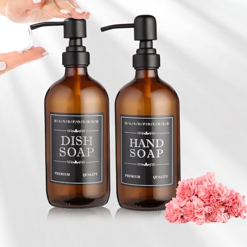 2 Pack Brown Glass Bottle, Soap Dispenser with Stainless Steel Pump,17 oz Upgrade Hand and Dish Soap Dispensers Kitchen, Hand Soap Dispenser Bathroom Accessories for Hotel, Vacation Rental, Restaurant