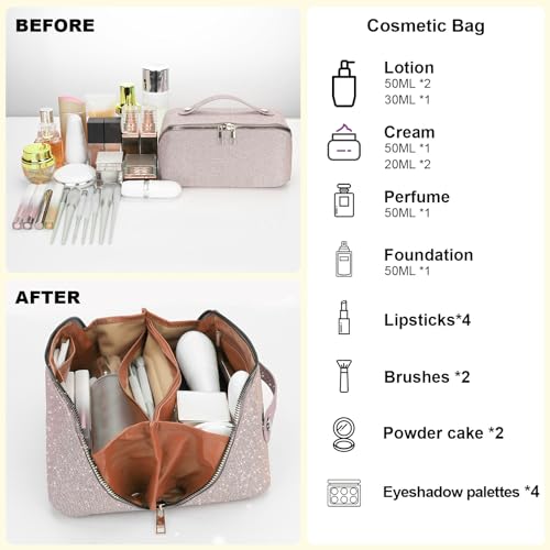 2026 New Makeup Bag, Large Capacity Cosmetic Bag with Sequin Design, Open Flat Travel Toiletry Bag with Divider & Handle-Rose Gold