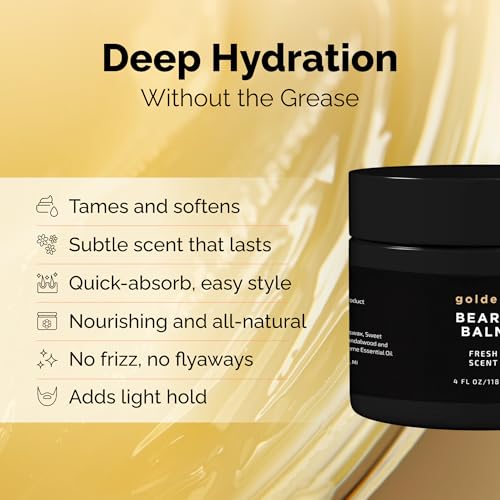 Golden Grooming Beard Balm | Unique Masculine Scent | Shea Butter for Beard Growth | Tames, Moisturizes & Styles ? Fresh Scent, 4oz