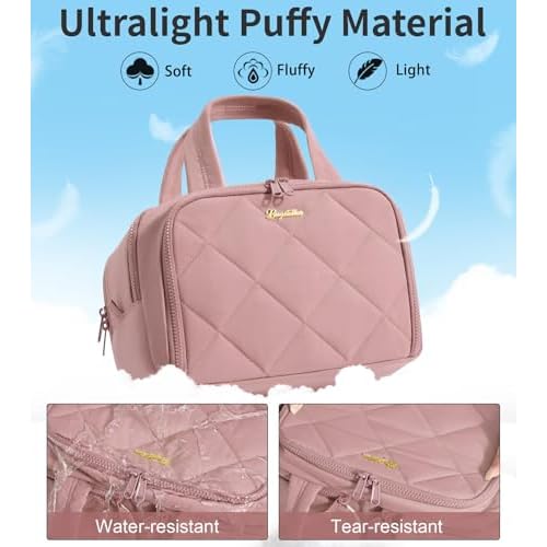 Travel Toiletry Bag, Large Wide-open Puffy Toiletry Bag for Women, Lightweight Quilted Makeup Bag Cosmetic Organizer with Handle Water-resistant Travel Essentials for Toiletries Accessories Dark Pink