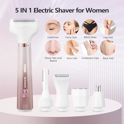 Electric Razors Shavers for Women, Bikini Trimmer 5 in 1 Lady Electric Shaver Razor Wet/Dry Face Razors for Face Nose Eyebrow Arms Armpit Legs Pubic Hair Area Painless Facial Hair Removal for Women