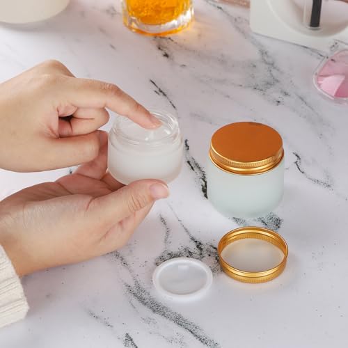 24 pack Small Clear Frosted Glass Cosmetic jars with Golden Metal Lids 2oz Bulk for Sample Lotion Cream Travel Jar Cosmetic Container