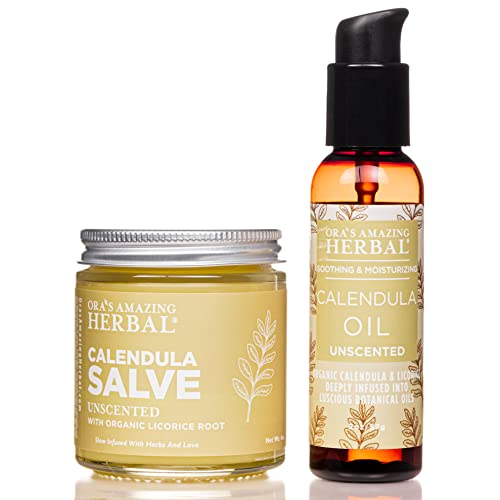 Ora's Amazing Herbal Calendula Skin Salve and Oil Set, Organic Licorice Skincare Balm, Responsibly Sourced Beeswax, 4 oz salve with 2 oz oil