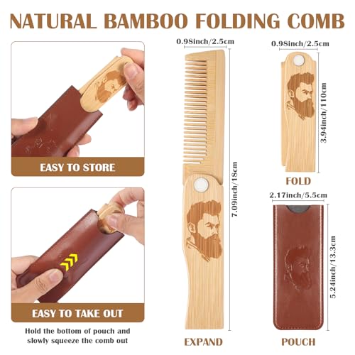Folding Beard Comb for Men, Portable Bamboo Beard & Mustache Comb Hair Brush with Travel Pouch, Ideal Father¡¯s Day, Birthday, Christmas Gift Stocking Stuffers for Him