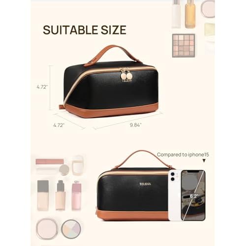 Telena Leather Make Up Bag Portable Travel Makeup Bag Waterproof Cosmetic Bags for Women Large Capacity With Handle and Divider Open Lay Flat