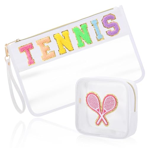 2 Pcs Tennis Cosmetic Bag Gifts for Girl Makeup Bags Pink Clear PVC Waterproof Toiletry Zipper Travel Pouch for Women Girls Tennis Lovers Players Valentine Gifts