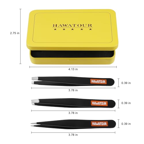 HAWATOUR Tweezers Set 3Pcs, Precision Stainless Steel Eyebrow Tweezers for Eyebrow Hair Facial Hair Removal, Splinter, Blackhead, Black