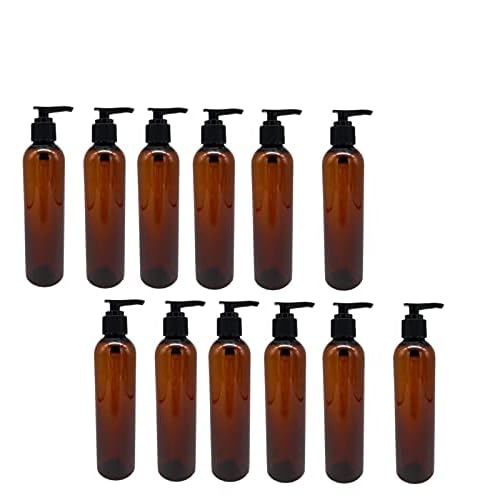 Natural Farms 12 Pack - 8 oz ? Empty Squeeze Plastic Bottle - Amber Cosmo with Black Pump - for Essential Oils, Perfumes, Cleaning Products