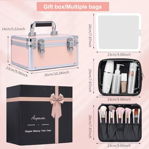 Makeup Box with Led Mirror,Travel Train Hard Case with Rechargeable Lighted Mirror Adjustable Dividers,Cosmetic Organizer Storage Bag for Makeup Artists,Appropriate Gift for Women and Girls,Pink