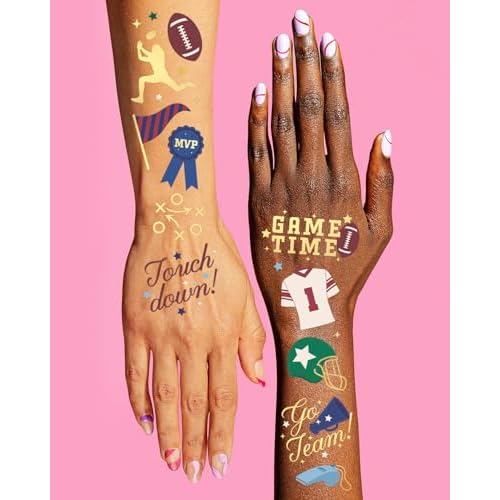 xo, Fetti Football Temporary Tattoos - 64 Gold Foil Styles | Game Day Birthday Decorations, Tailgate Supplies, School Sports Party Favor, Kids Party Favor, College