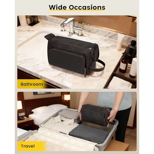 Vorspack Genuine Leather Toiletry Bag for Men - Water Resistant Travel Bag for Toiletries, Essentials, Accessories - Dark Brown