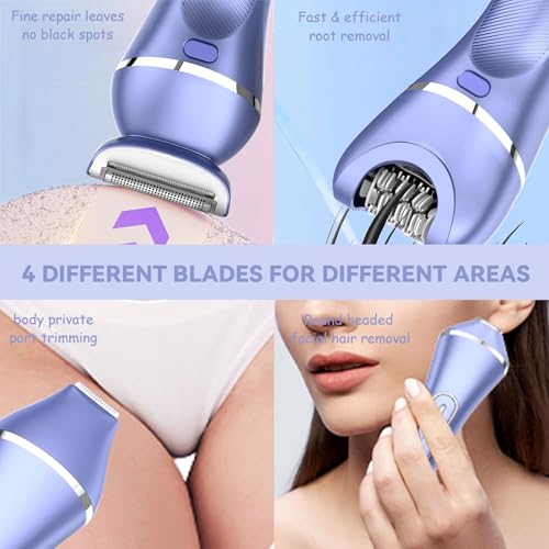Epilator for Women, 7 in 1 Replaceable Hair Removal & Massager & Cleaner Devices, Bikini Trimmer, Face Massage, Face Exfoliating Brush, Foot Callus Remover, IPX7 Waterproof Razors (Purple)