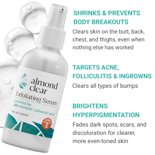 Almond Clear Level 2 Serum | Mandelic Acid Body Serum for Acne, Folliculitis, Aging Skin, Ingrown Hairs, Dark Spots on Face, Chest, Butt, Back, Thighs, Arms | 4 oz