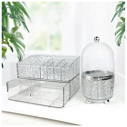 CrazyHome Makeup Organizer Countertop | Cosmetic Organizer for Vanity | Clear Organizers for Skincare, Lipstick 3-in-1 Makeup Storage Combo with Rotating Brush Holder & Stackable Drawer Box